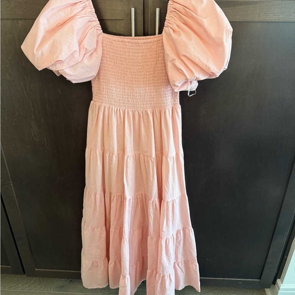 Hello Molly Pink Maxi Dress with Puff Sleeves and Square Neck